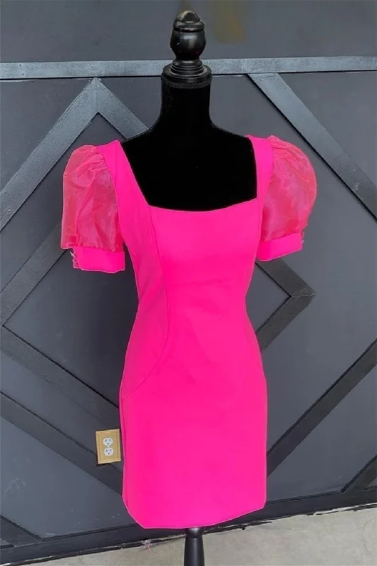 cocktail party dressFuchsia Puff Sleeves Square Neck Sheath Homecoming Dress