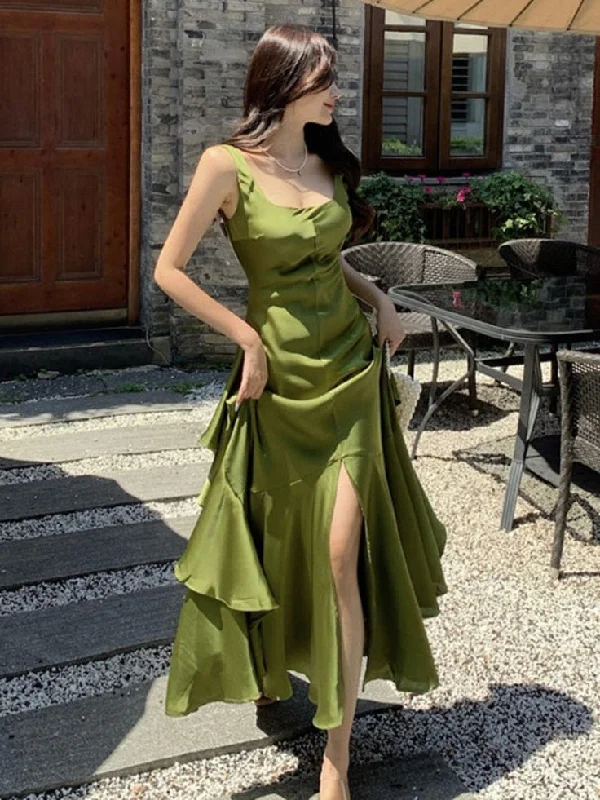 sophisticated dressWomen's Green Prom Dress Satin Mermaid Tail Bigwing Lotus Leaf Holiday Dress Y7281