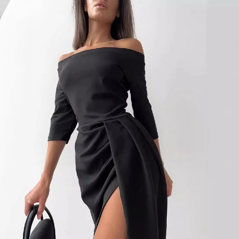 cocktail party dressWomen's Off-neck Long Sleeve Waist Slit Dress