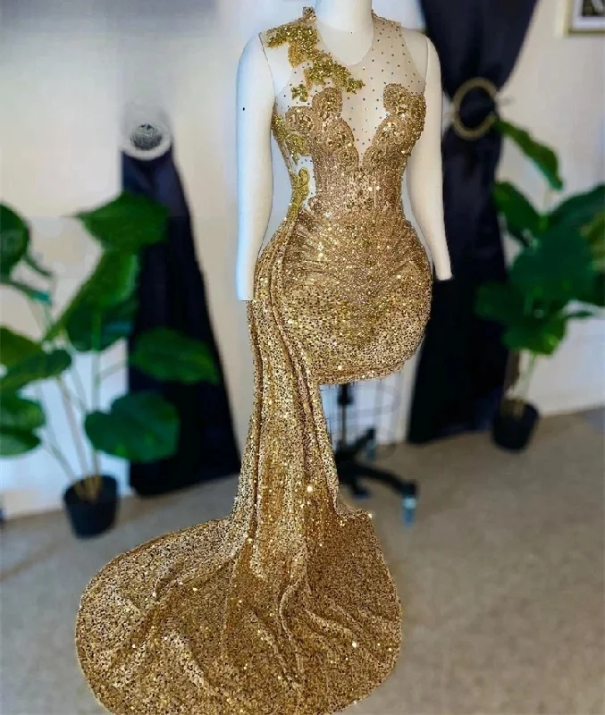 Loyalty Reward vintage dressGold African American Prom Dresses Sheath Sheer Sequins Beaded Black Girls Birthday Party Women Cocktail Dresses Nigeria