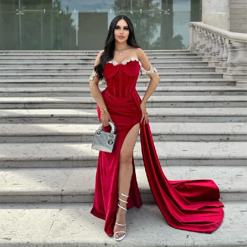 Exclusive Deal satin midi dressFashion Elegant Beading New Evening Dresses Romantic Female Sexy Mermaid Off Shoulder High Slit Simple Mopping Party Prom Gowns
