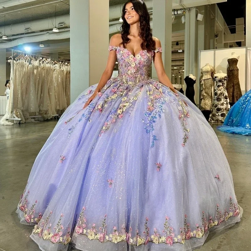 Can't Miss party-ready dressLavender Shiny Quinceanera Dresses Ball Gown Off Shoulder Applique Flowers Puffy Sweet 16 Dress Celebrity Party Gowns Graduation