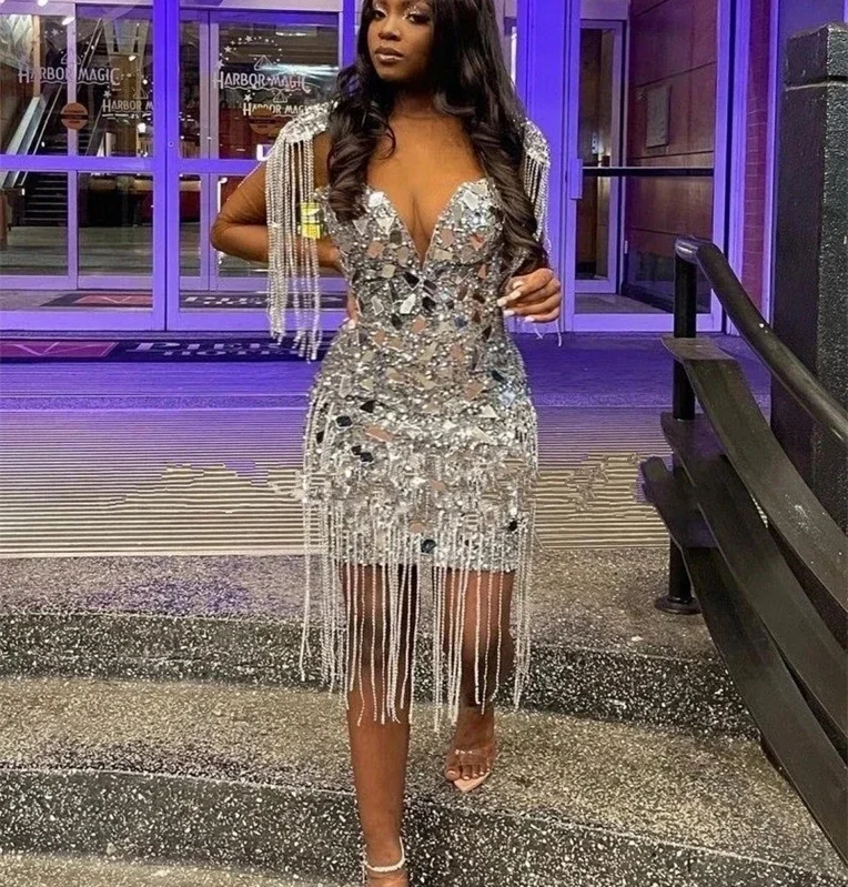 Price Drop Alert evening dressSilver Long Sleeves Short Prom Dresses For Black Girls Sexy Crystals Women African Cocktail Dresses Birthday Party Homecoming