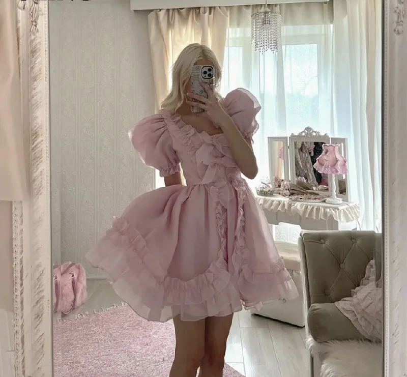 Price Buster midi dressPink Pastoral Princess Prom Dresses Tiered Pleated Evening Gowns Knee Length Formal Occasion Dress Vestidos De Noche