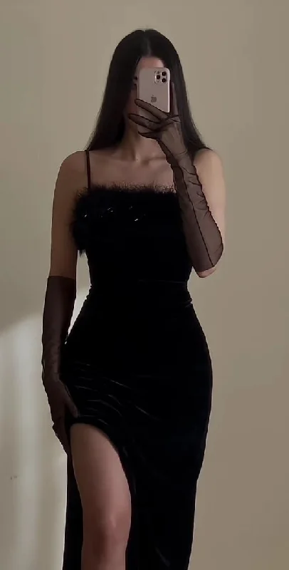 New Markdowns casual evening dressElegant Black Spaghetti Straps Evening Dress With Split Y6412
