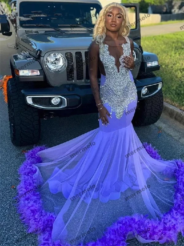 fitted bodycon dressPurple Prom Dresses For Black Girls Diamond Beading Rhinestones Feathers Long Birthday Party Gown