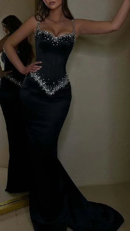 spaghetti strap dressElegant  Black Beading Mermaid Prom Dress Eveing Dress  Y7673