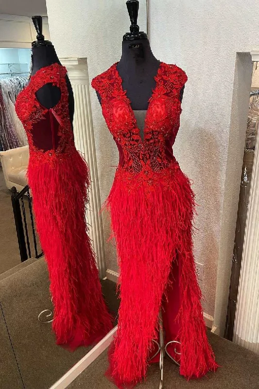 elegant dressRed Lace Feather V-Neck Long Prom Dress with Slit