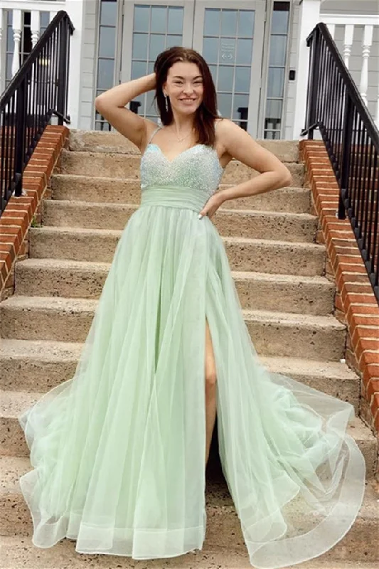 comfy maxi dressDusty Sage A-line Beaded Tulle Straps Long Prom Dress with Slit