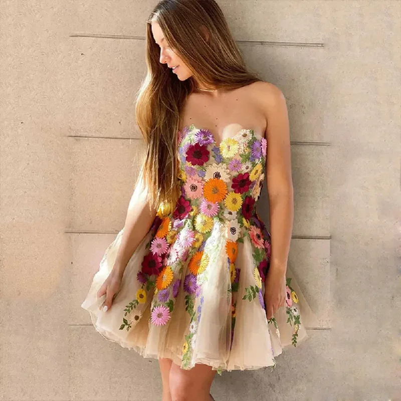 casual slip dressChampagne Strapless Flowers Tulle Mini Prom Homecoming Dress Exquisite Sweetheart A Line Evening Party Graduation Gown