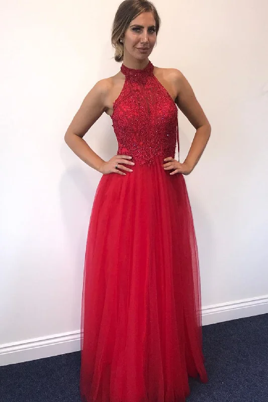 Daily Deals romantic dressElegant High Neck Red Beaded Prom Dress with Open Back