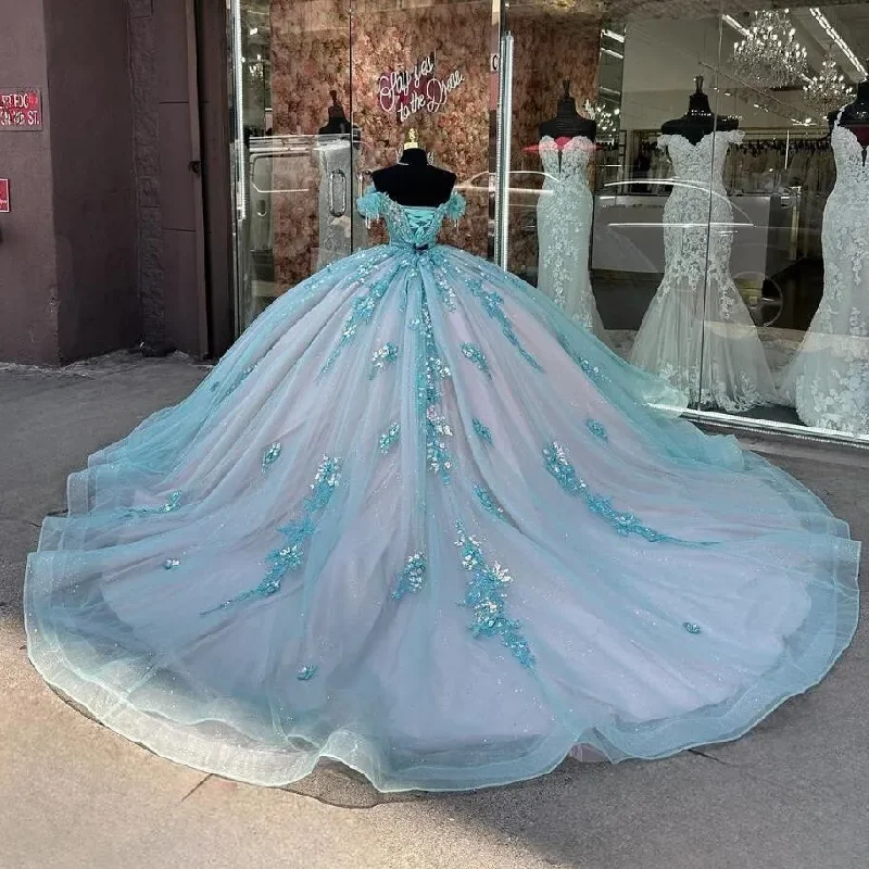 playful dressBaby Blue Pink Princess Quinceanera Dresses 2025 Off Shoulder Floral Applique Corset Lace-up vestidos de 15 años quinceañeras