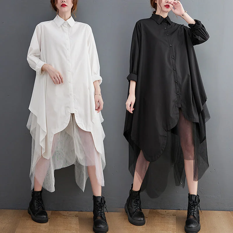 Fantastic Offers trendy wrap dressLoose False Two Pieces Large Swing Irregular Stitching Double-layer Mesh Shirt Dress Fantastic Offers trendy wrap dressLoose False Two Pieces Large Swing Irregular Stitching Double-layer Mesh Shirt Dress