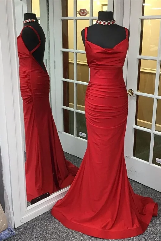 chic wrap dressMermaid Red Cowl Neck Long Prom Dress