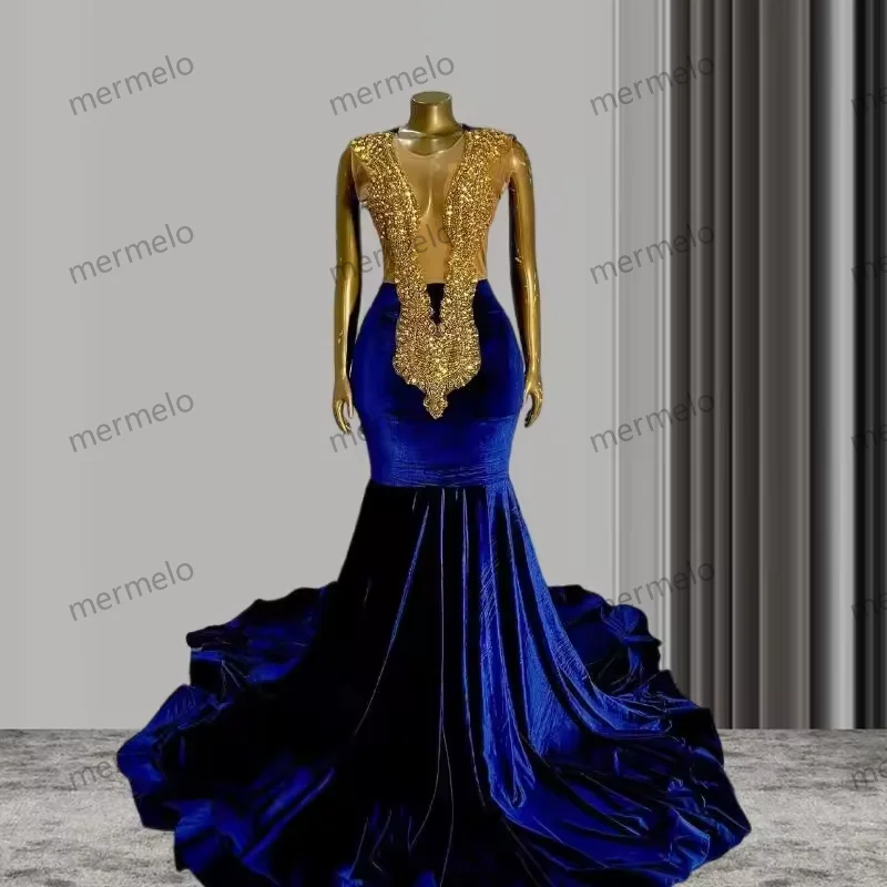 lace-up dressBlue Velvet African Prom Dress for Black Girl Crystal Diamond Sheer Mesh Mermaid Evening Gala Queen Gowns