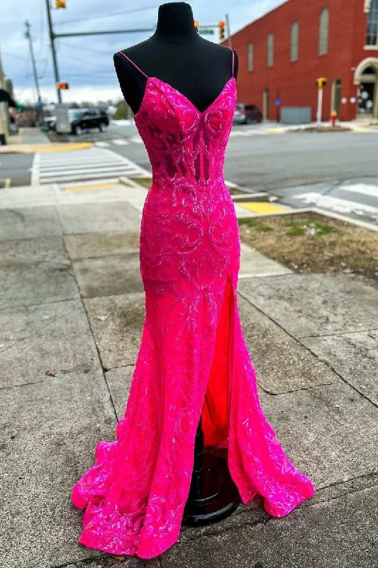 chic slip dressNeon Pink Floral Lace V-Neck Mermaid Long Formal Dress with Slit