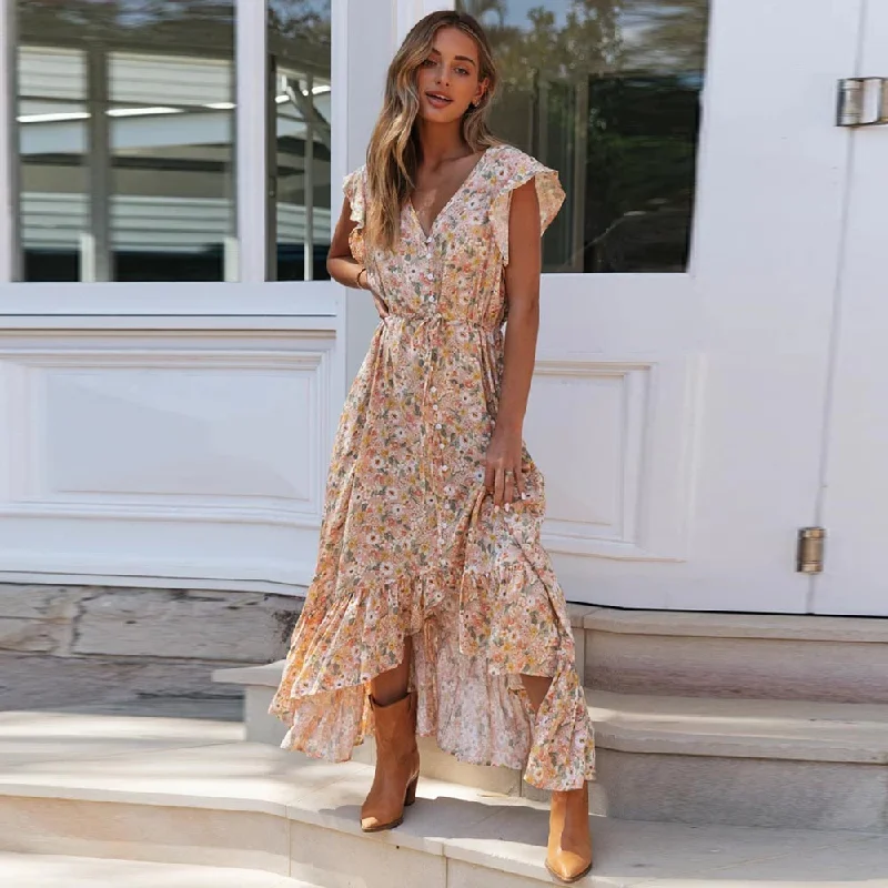 Bargain Prices elegant shift dressBerriesJam - Floral Print Button Sashes Ladies Gypsy Maxi Dress