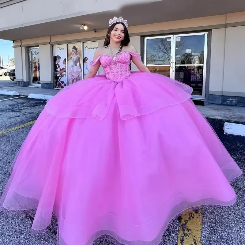 ashionable dressPink Quinceanera Dresses for 15 Year 2024 Ball Gown Sexy Off the Shoulder Beads Crystal Tull Back Bow Long Party Dress for Girl