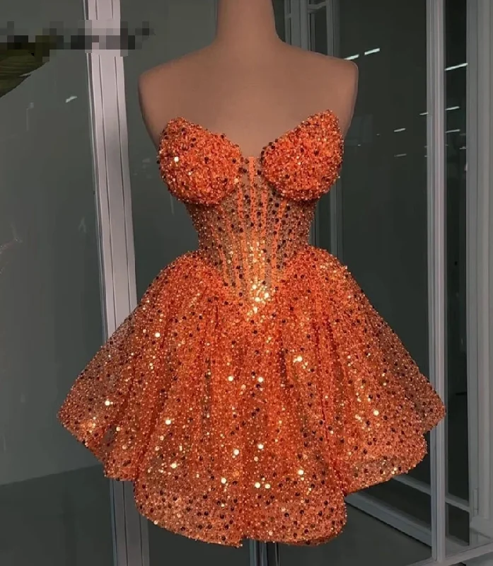 lace dressGlitter Orange Sweetheart Prom Dresses 2024 Beads Sequins Pearls Luxury Cocktails Dress Homecoming Birthday Party Gowns