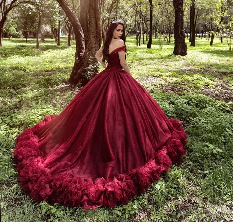 wrap-around dressBurgundy Quinceanera Dresses Ball Gown Off The Shoulder Tulle Ruffled Sweet 16 Dresses 15 Años Mexican