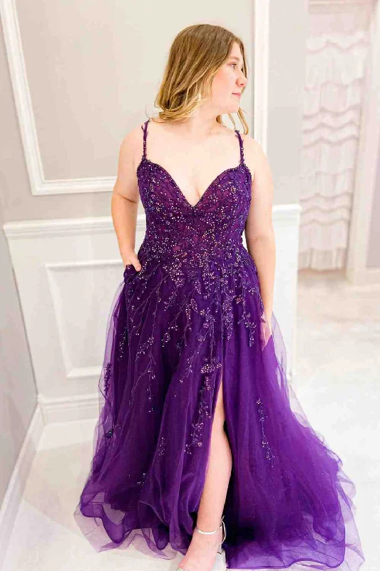 casual slip dressPurple A-line V Neck Applique Sequins Tulle Long Prom Dress