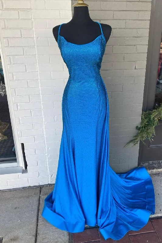 velvet dressBlue Beaded Mermaid Straps Long Formal Dress