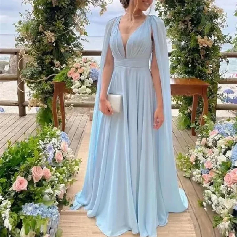 sleek midi dressFashion Long Evening Dresses Maid Of Honor Sexy V-Neck Chiffon Mother of the Bride Dresses Party Gowns With Streamer Cape