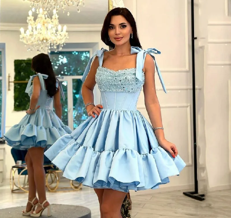 Super Bargain one-shoulder dressElegant Short Party Dresses Sweetheart Spaghetti Straps Corset Back Prom Dress Glitter Pleated Ball Gown Vestidos De Gala