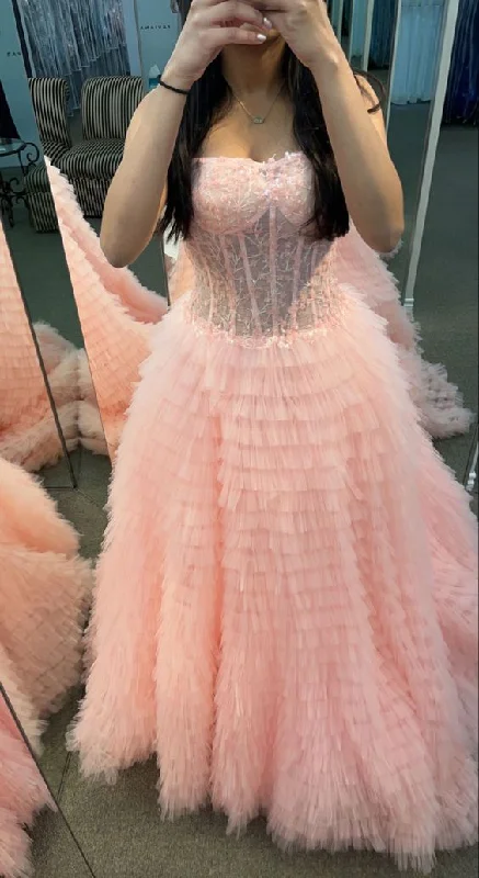 Price Drop off-the-shoulder dressPink Strapless Ball Gown Prom Dress with Sheer Lace Corset Bodice and Ruffle Skirt Y6688 Price Drop off-the-shoulder dressPink Strapless Ball Gown Prom Dress with Sheer Lace Corset Bodice and Ruffle Skirt Y6688