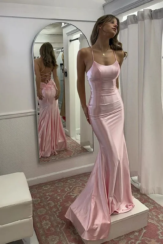 Hurry In party dressCute Mermaid Scoop Neck Pink Satin Long Prom Dress