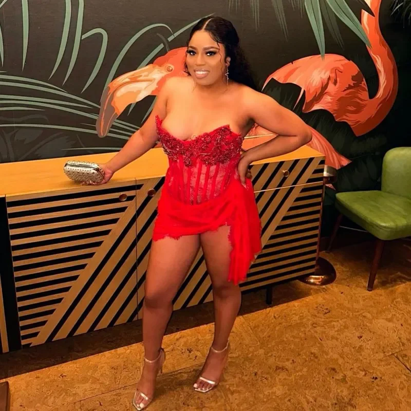 Savings Event trendy mini dressElegant Red Prom Dress Blace Girls Rhinestone African Women Lace Party Gowns Vestidos De Graduación Black Girls Birthday Outfit