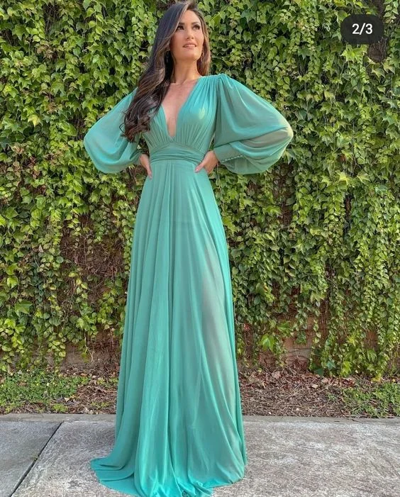 Price Drop chic dressLong Sleeves Deep V Neck Chiffon Long Evening Prom Dress Y7198 Price Drop chic dressLong Sleeves Deep V Neck Chiffon Long Evening Prom Dress Y7198