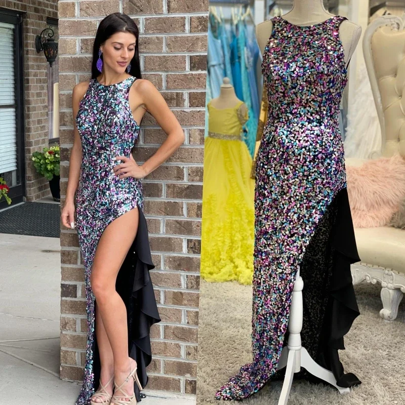 cocktail party dressMusic Festival Party Dress Lady Sheath Cocktail Hoco Gown Colorful Sequin Homecoming Prom Ruffle Skirt Slit