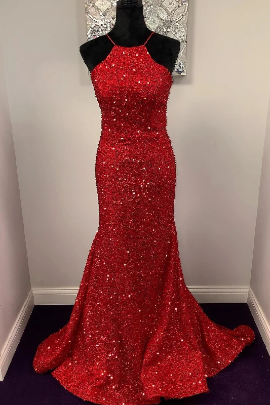 denim dressHalter Mermaid Red Sequins Long Dress