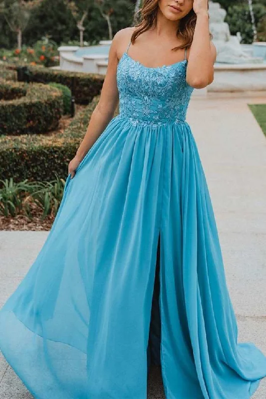 Huge Savings casual day dressBlue A-line Appliques Chiffon Long Prom Dress