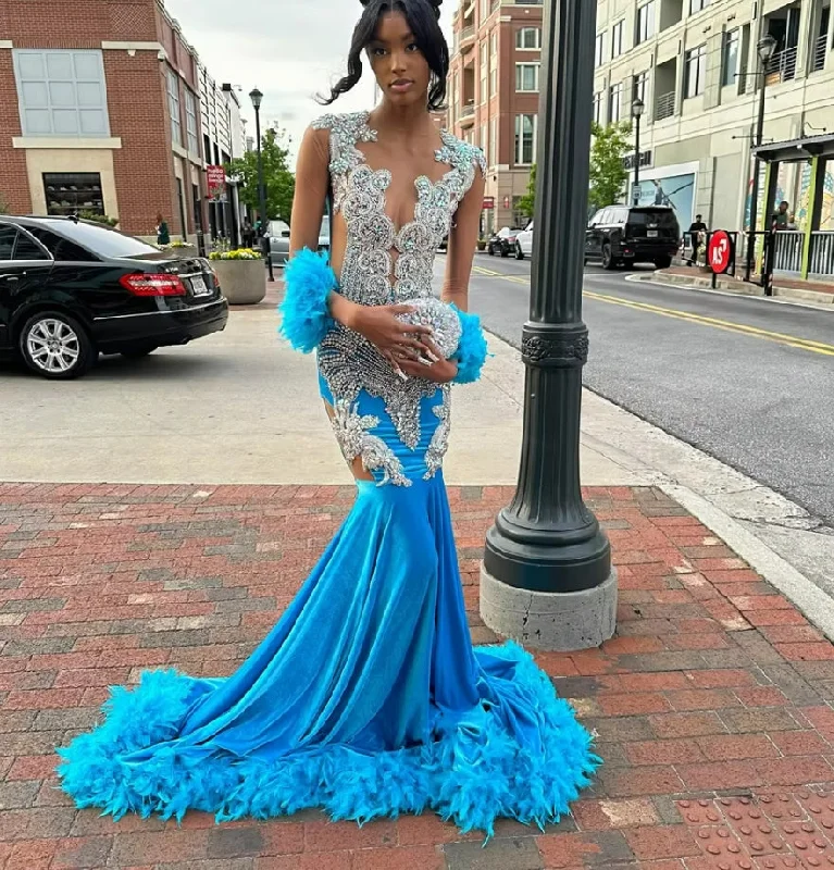 modern dressBlue Feathers Silver Crystal Beaded Rhinestone Prom Dress For Black girls Birthday Dress Luxury Mermaid Gala Dresses Elegant