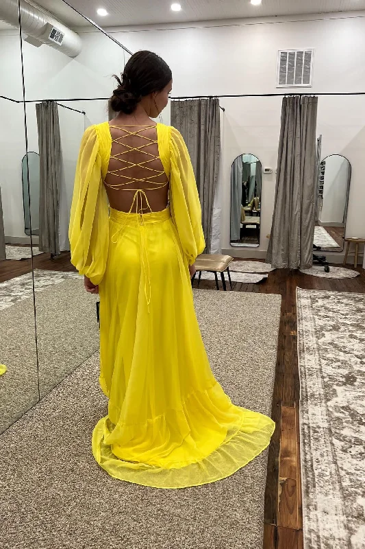 ruched dressYellow Chiffon A-line V Neckline Long Sleeves Lace-Up Back Long Prom Dress