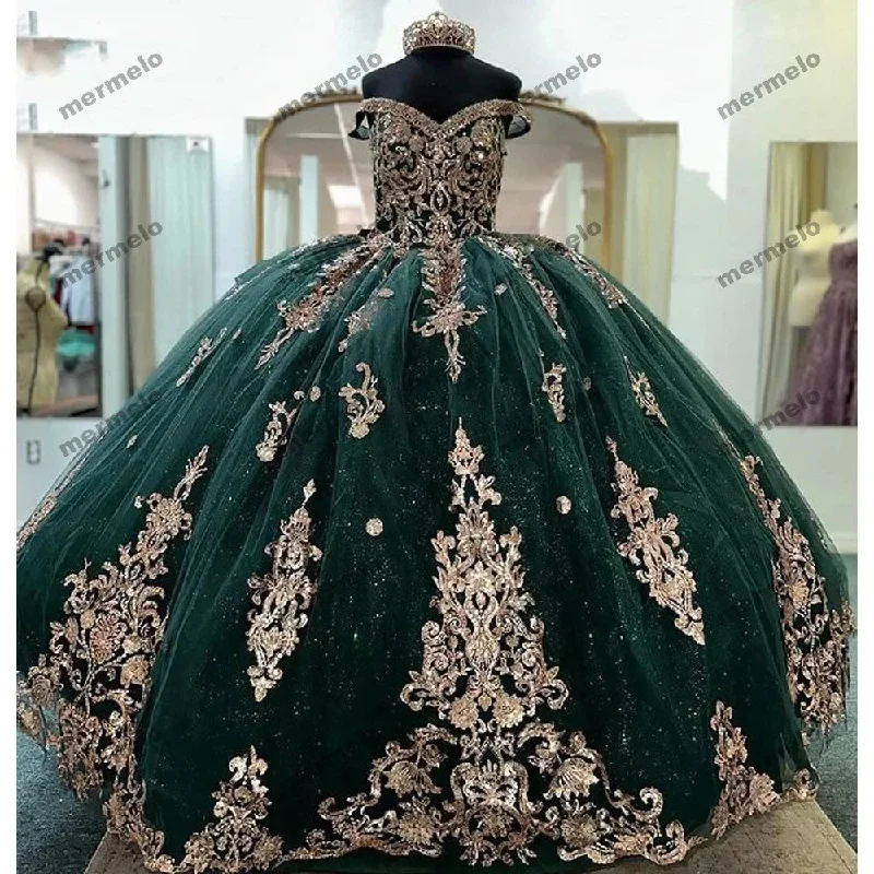 playful dressEmerald Green Ball Gown Quinceanera Dresses Gold Appliques Off Shoulder