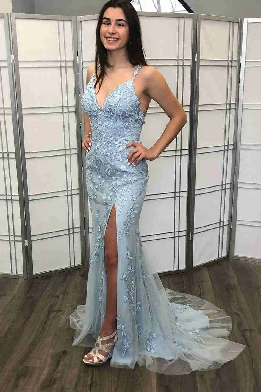 Massive Deals wool dressLight Blue Side Slit Prom Dress with Appliques