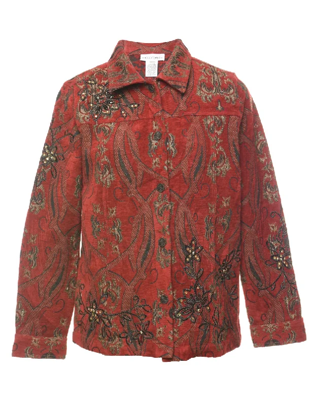 comfortable outerwearRed & Dark Green Abstract Pattern Tapestry Jacket  - M