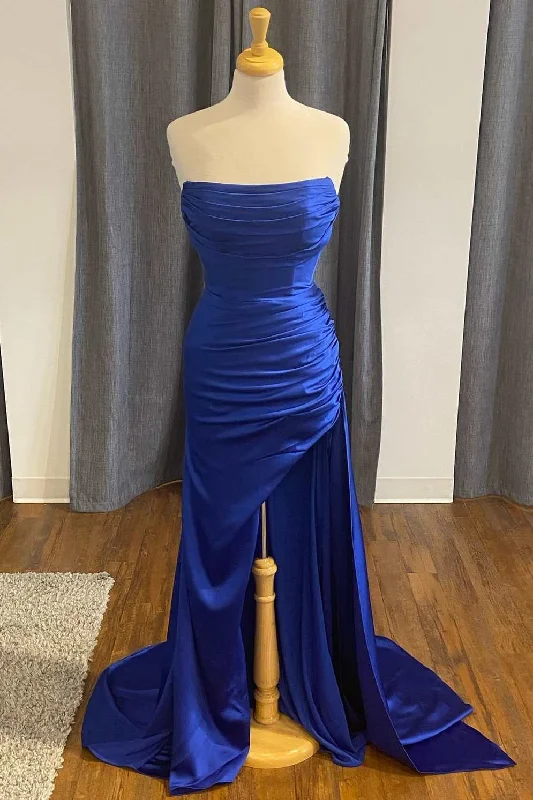 elegant evening dressBlue Satin Strapless Mermaid Long Formal Dress with Slit