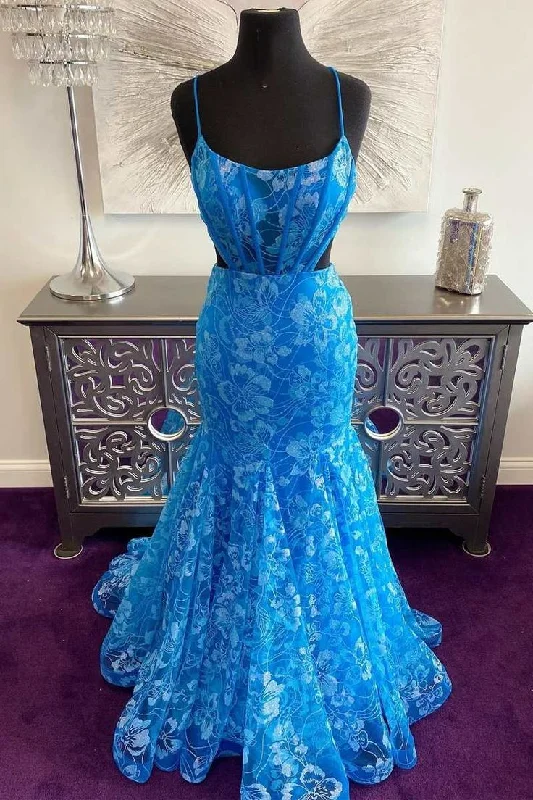 The Best Prices sleek dressBlue Floral Lace Backless Trumpet Long Prom Dress Y7030