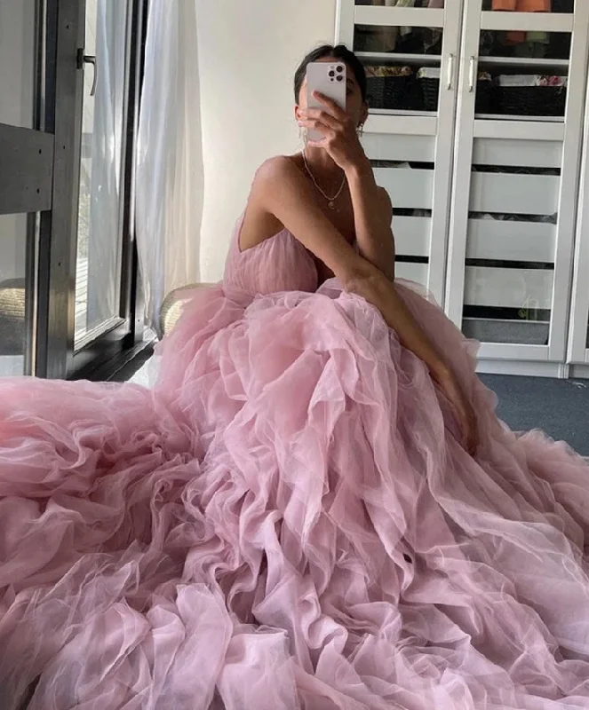 silk dressPink Tulle Dress with Ruffles, Corset Prom Dress with Spaghetti Straps, Fit and Flare Dress, Homecoming Dress, Princess Bridal