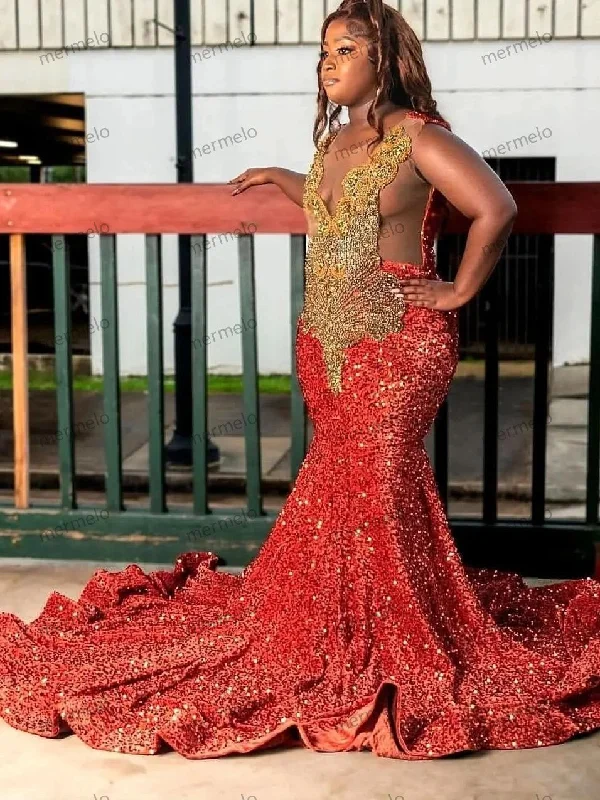 bohemian dressRed Sequins Mermaid Prom Dress Gold Crystals Diamond Beaded Black Girl Party Gala Gowns