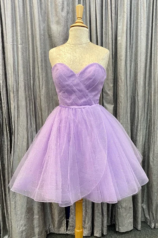 boho dressLavender Faux-Wrap Strapless Sweetheart Pleated Tulle Homecoming Dress