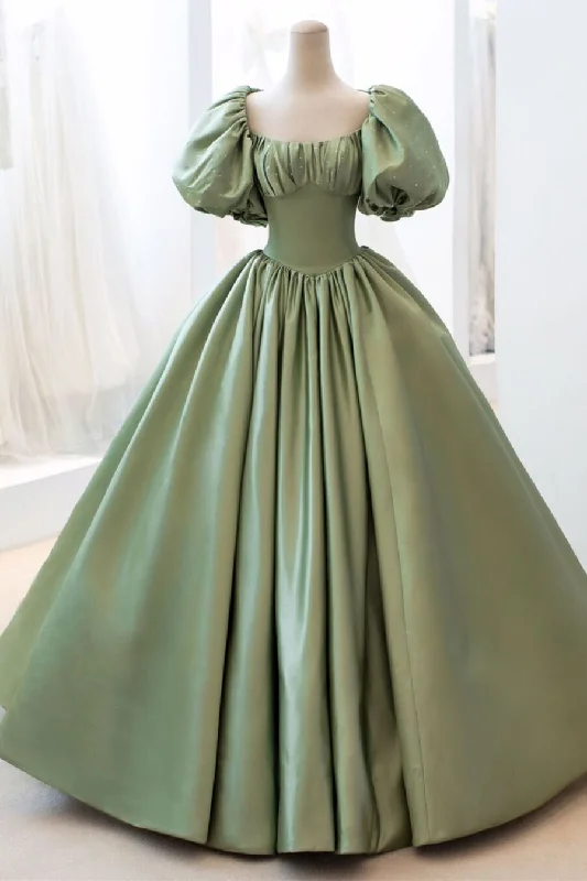 pleated dressSage Green Ball Gown with Short Bell Sleeves