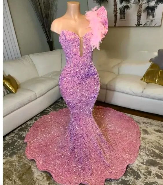 Bargain Bin statement dressPink Mermaid Prom Dress Glitter Sequins Beaded Feather One Shoulder Evening Reception Birthday Engagement Gowns Y6672