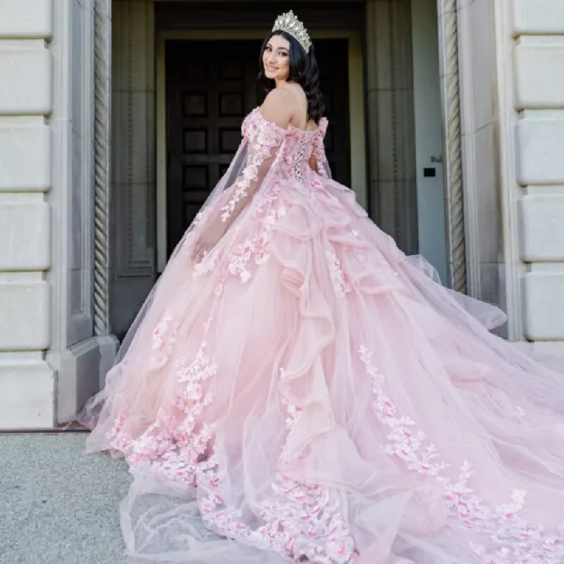 off-shoulder dressPink Quinceanera Dress Ball Gown 3D Flower Applique Beads With Cape Sheer Corset Sweet 16 Dress Vestidos XV Años