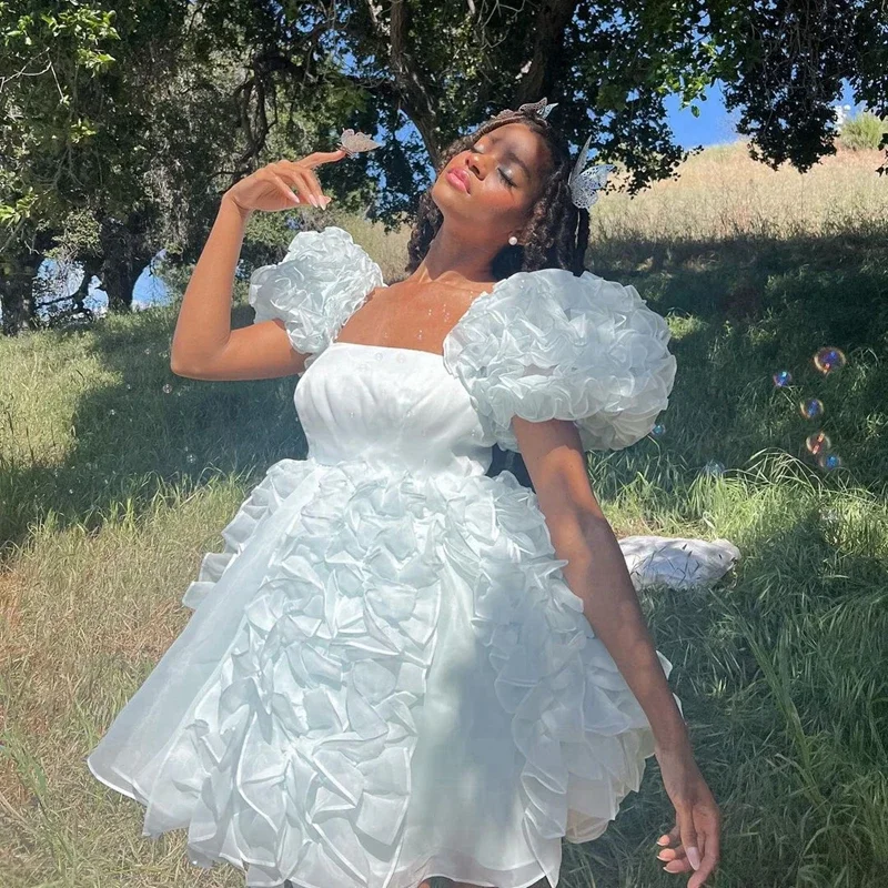 Unbeatable Prices flowy evening dressPuffy White Tulle Girls Summer Dresses Pretty Ruffles Pleated Mini Brithday Party Gowns Square Collar Short Women Prom Gowns