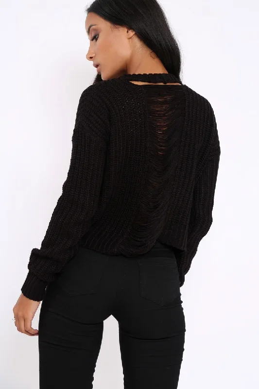 Massive Deals breathable pullover for gymBlack Chunky Knit Distressed Jumper - Bella